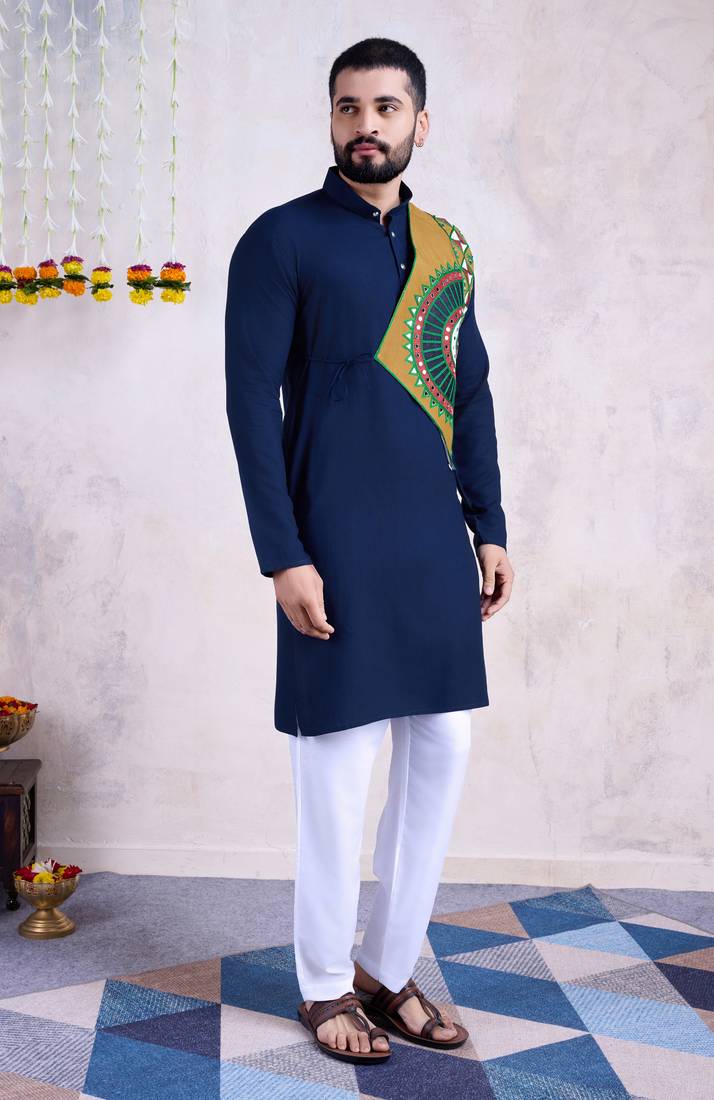 Navy blue rayon embroidery with mirror work wedding function festival navratri party wear diwali straight kurta