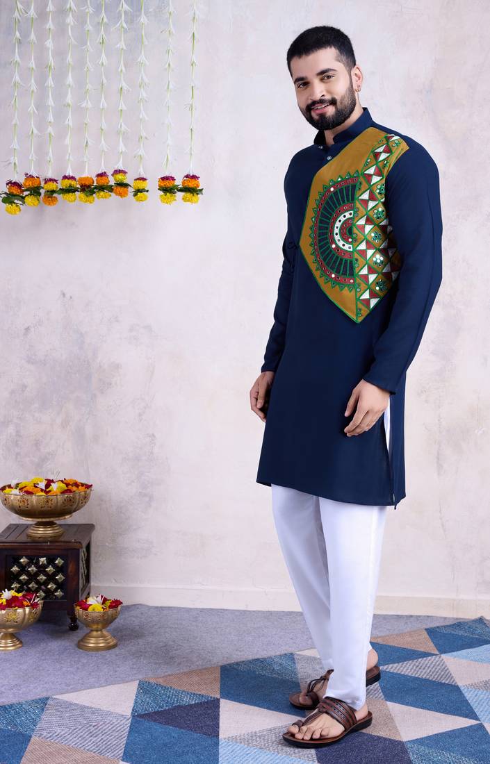 Navy blue rayon embroidery with mirror work wedding function festival navratri party wear diwali straight kurta
