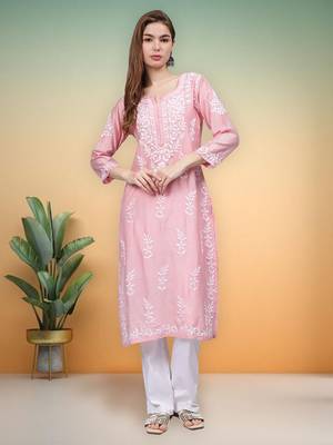 Pink chanderi lucknowi chikankari kurta 1