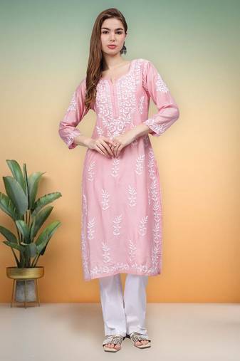 Pink chanderi lucknowi chikankari kurta