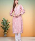 Pink chanderi lucknowi chikankari kurta