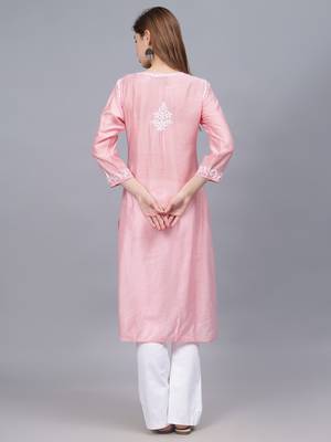 Pink chanderi lucknowi chikankari kurta 2