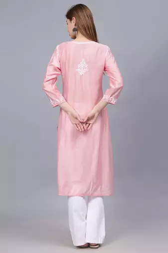 Pink chanderi lucknowi chikankari kurta
