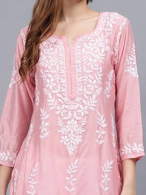 Pink chanderi lucknowi chikankari kurta 3