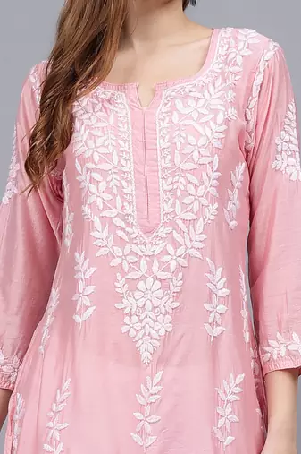 Pink chanderi lucknowi chikankari kurta