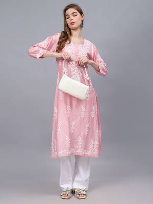 Pink chanderi lucknowi chikankari kurta 4