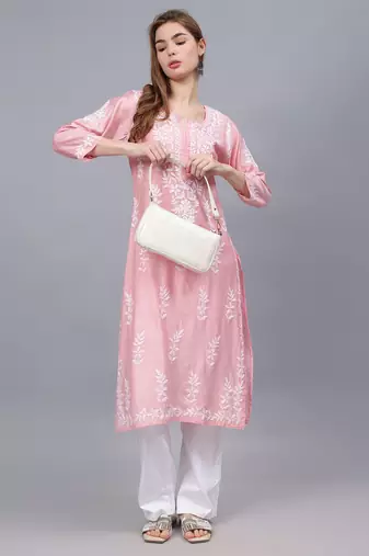 Pink chanderi lucknowi chikankari kurta