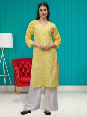 Yellow terivoil cotton lucknowi chikankari kurta 1