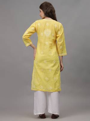 Yellow terivoil cotton lucknowi chikankari kurta 2