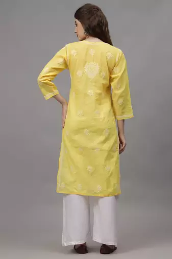 Yellow terivoil cotton lucknowi chikankari kurta
