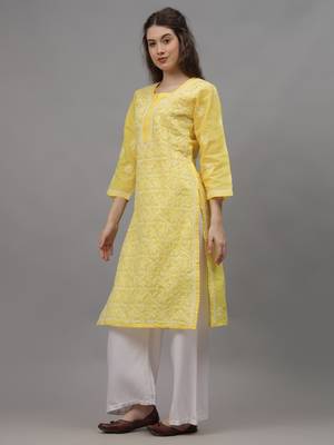 Yellow terivoil cotton lucknowi chikankari kurta 3