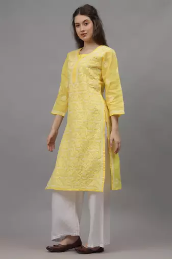 Yellow terivoil cotton lucknowi chikankari kurta