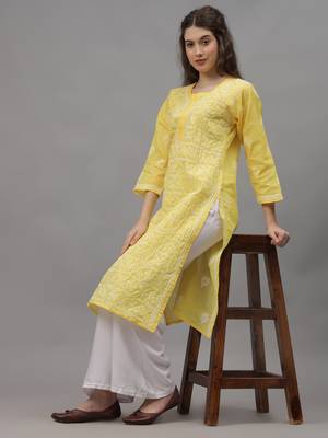 Yellow terivoil cotton lucknowi chikankari kurta 4