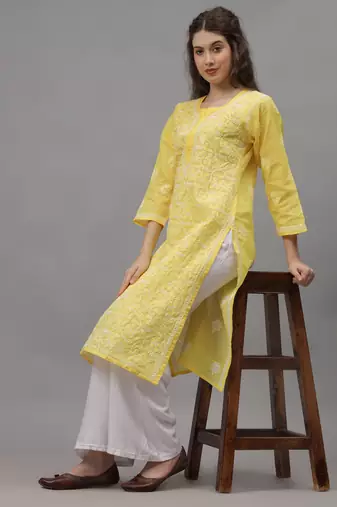 Yellow terivoil cotton lucknowi chikankari kurta