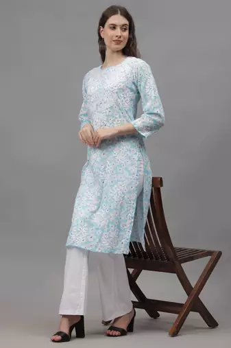 Blue mal-mal lucknowi chikankari kurta