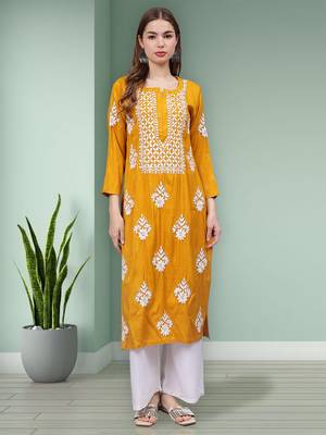 Mustard rayon lucknowi chikankari kurta 1