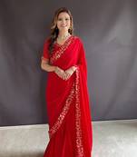 Red Colour Beautiful Georgette Fabric Gown Style Stitched Saree