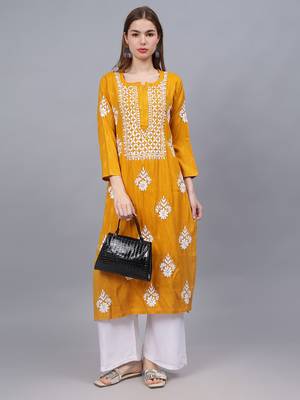 Mustard rayon lucknowi chikankari kurta 3