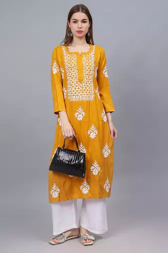 Mustard rayon lucknowi chikankari kurta