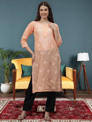 Apricot peach cotton lucknowi chikankari kurta 1