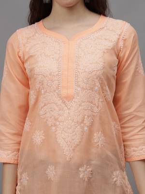 Apricot peach cotton lucknowi chikankari kurta 2
