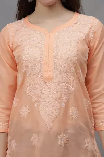 Apricot peach cotton lucknowi chikankari kurta