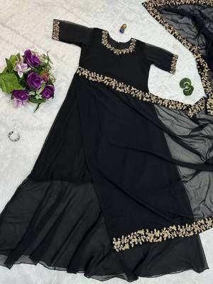 Black Colour Beautiful Georgette Fabric Gown Style Stitched Saree 4