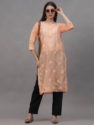 Apricot peach cotton lucknowi chikankari kurta 4