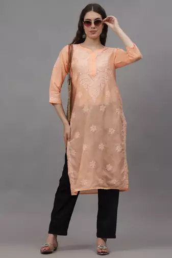 Apricot peach cotton lucknowi chikankari kurta