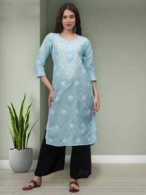 Blue cotton lucknowi chikankari kurta 1