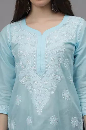 Blue cotton lucknowi chikankari kurta