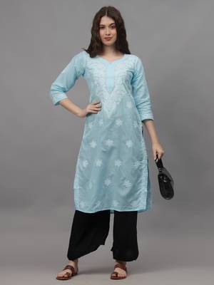 Blue cotton lucknowi chikankari kurta 4