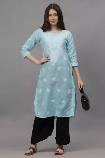 Blue cotton lucknowi chikankari kurta