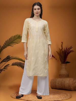 Beige cotton lucknowi chikankari kurta 1