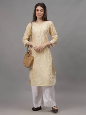 Beige cotton lucknowi chikankari kurta 4