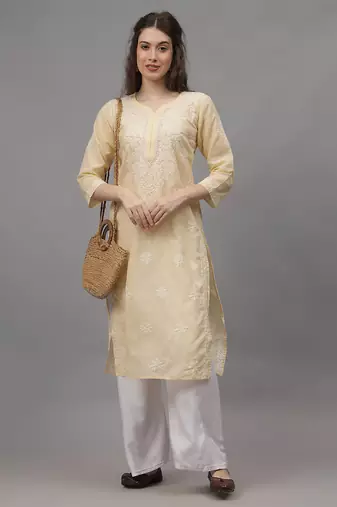 Beige cotton lucknowi chikankari kurta