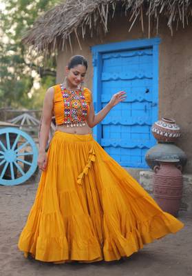 YELLOW THREAD EMBROIDERED WORK RAYON TRADITIONAL NAVRATRI WEDDING FESTIVAL STITCHED LEHENGA CHOLI KOTI SHRUG 6