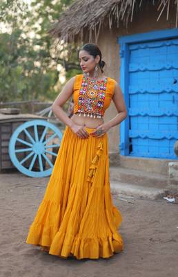 YELLOW THREAD EMBROIDERED WORK RAYON TRADITIONAL NAVRATRI WEDDING FESTIVAL STITCHED LEHENGA CHOLI KOTI SHRUG 7