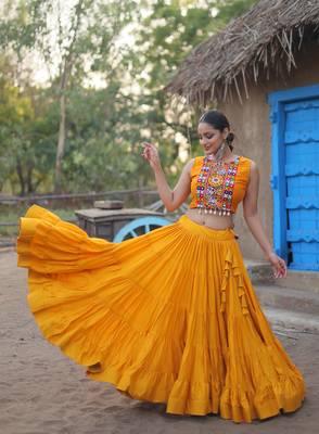 YELLOW THREAD EMBROIDERED WORK RAYON TRADITIONAL NAVRATRI WEDDING FESTIVAL STITCHED LEHENGA CHOLI KOTI SHRUG 8