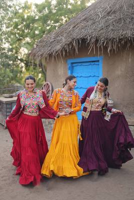 YELLOW THREAD EMBROIDERED WORK RAYON TRADITIONAL NAVRATRI WEDDING FESTIVAL STITCHED LEHENGA CHOLI KOTI SHRUG 9