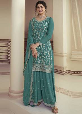 Teal viscose chinon silk salwar suit with dupatta 1