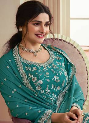 Teal viscose chinon silk salwar suit with dupatta 2