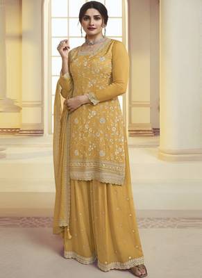 Yellow viscose chinon silk salwar suit with dupatta 1