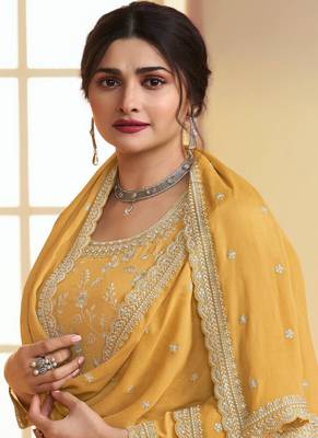 Yellow viscose chinon silk salwar suit with dupatta 2
