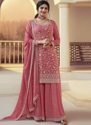 Peach viscose chinon silk salwar suit with dupatta 1