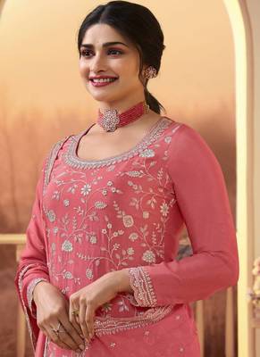 Peach viscose chinon silk salwar suit with dupatta 2