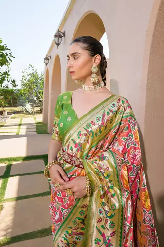 Banarasi Soft Silk Paithani Patola Saree With Meena Zari Weaving Pattern Paithani Weaving Border Rich Pallu With Blouse