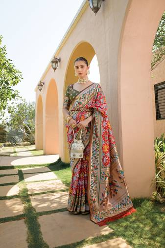 Banarasi Soft Silk Paithani Patola Saree With Meena Zari Weaving Pattern Paithani Weaving Border Rich Pallu With Blouse