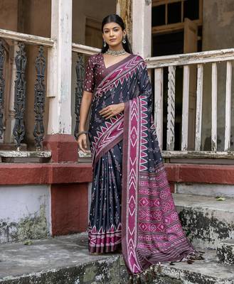 Soft Tussar Silk Saree With Temple Border And Unique Ikkat Printed Contrast Pallu And Contrast Blouse Piece 1