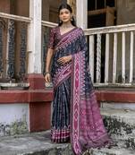 Soft Tussar Silk Saree With Temple Border And Unique Ikkat Printed Contrast Pallu And Contrast Blouse Piece